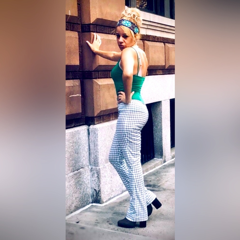 Windowpane pants in white/navy polyester vintage fabric. Designed & hand sewn ❤️